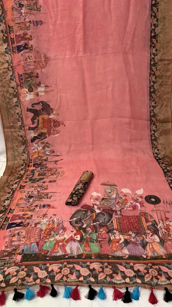 Zynah Organic Pure Linen by Linen(120c) Kalamkari Saree with Digital Prints; Custom Stitched/Ready-made Blouse, Fall, Petticoat; Shipping available USA, Worldwide