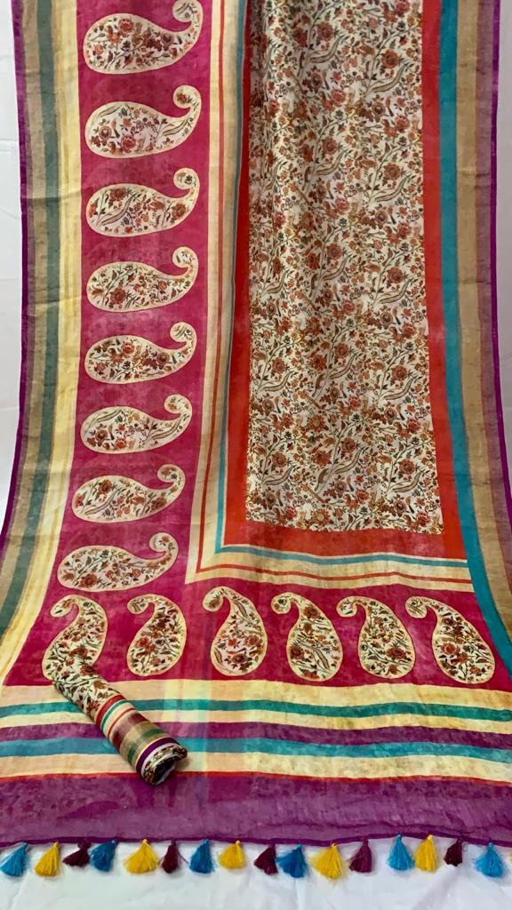 Zynah Organic Pure Linen by Linen(120c) Kalamkari Saree with Digital Prints; Custom Stitched/Ready-made Blouse, Fall, Petticoat; Shipping available USA, Worldwide