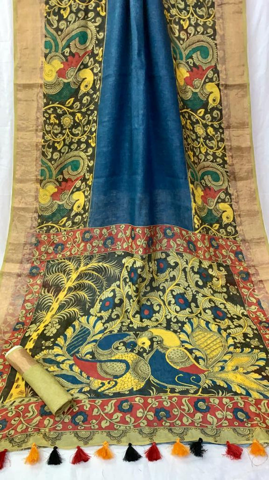 Zynah Organic Pure Linen by Linen(120c) Saree with Digital Kalamkari Prints; Custom Stitched/Ready-made Blouse, Fall, Petticoat; Shipping available USA, Worldwide