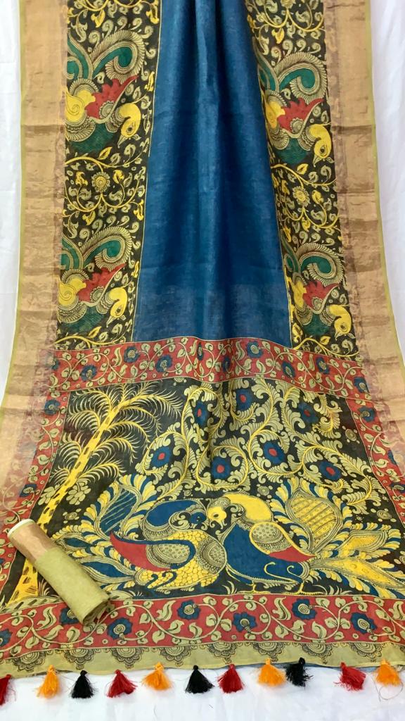 Zynah Organic Pure Linen by Linen(120c) Saree with Digital Kalamkari Prints; Custom Stitched/Ready-made Blouse, Fall, Petticoat; Shipping available USA, Worldwide