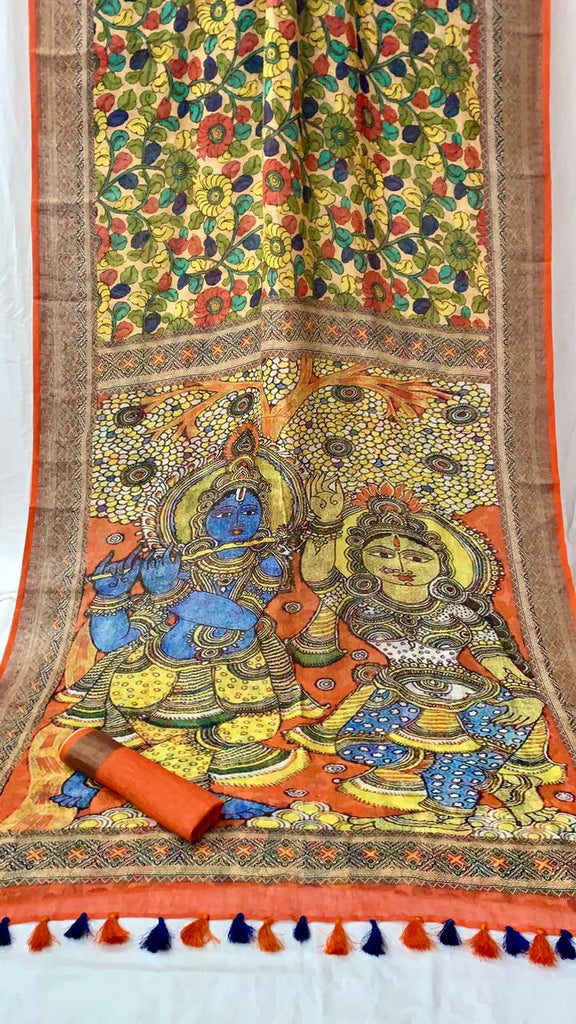 Zynah Organic Pure Linen by Linen(120c) Kalamkari Saree with Digital Prints; Custom Stitched/Ready-made Blouse, Fall, Petticoat; Shipping available USA, Worldwide