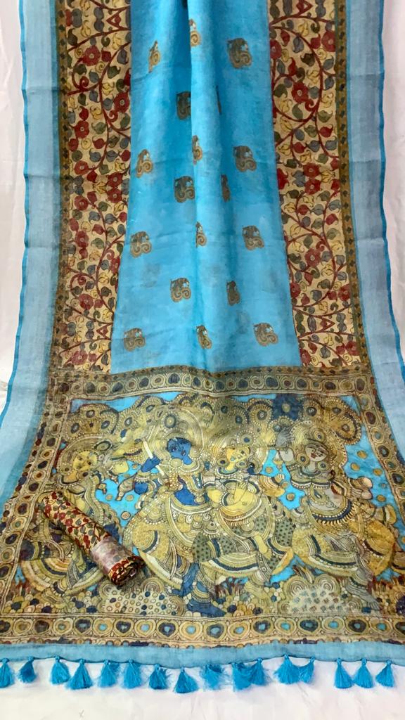 Zynah Organic Pure Linen by Linen(120c) Saree with Digital Kalamkari Prints; Custom Stitched/Ready-made Blouse, Fall, Petticoat; Shipping available USA, Worldwide