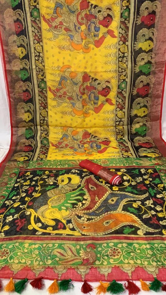 Zynah Organic Pure Linen by Linen(120c) Saree with Digital Kalamkari Prints; Custom Stitched/Ready-made Blouse, Fall, Petticoat; Shipping available USA, Worldwide