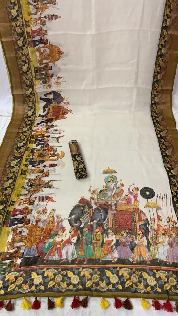 Zynah Organic Pure Linen by Linen(120c) Kalamkari Saree with Digital Prints; Custom Stitched/Ready-made Blouse, Fall, Petticoat; Shipping available USA, Worldwide