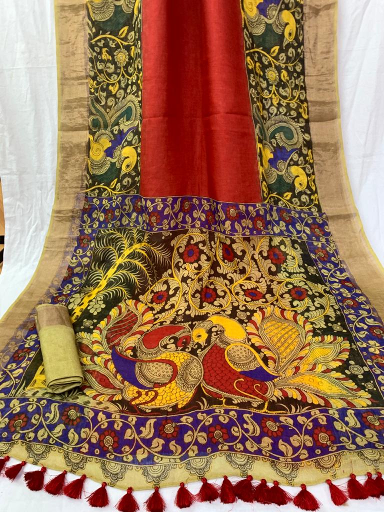 Zynah Organic Pure Linen by Linen(120c) Saree with Digital Kalamkari Prints; Custom Stitched/Ready-made Blouse, Fall, Petticoat; Shipping available USA, Worldwide