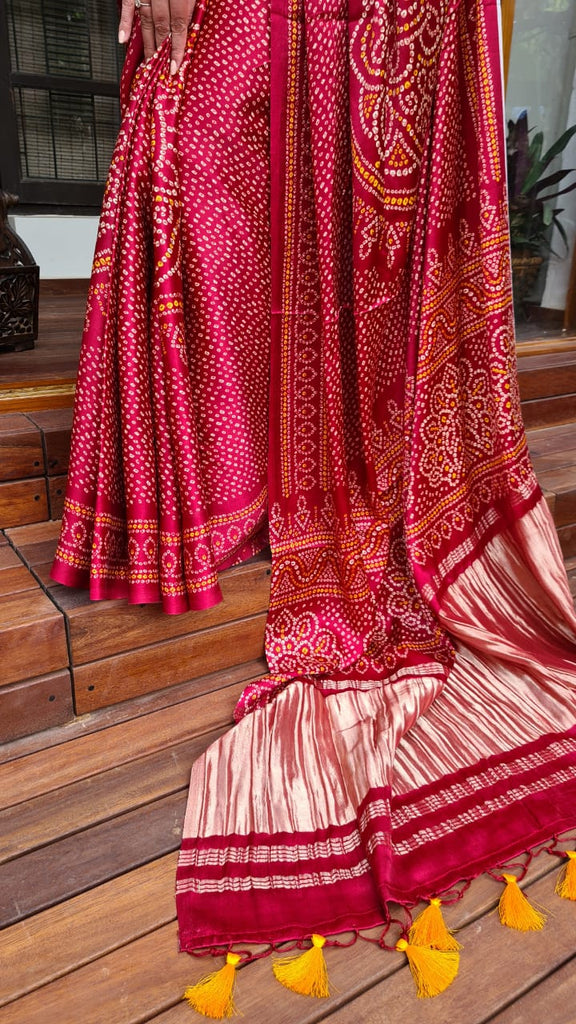 Zynah Gajji Silk Bandhani Saree with Zari Pallu; Custom Stitched/Ready-made Blouse, Fall, Petticoat; Shipping available USA, Worldwide