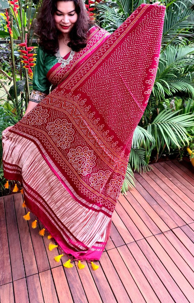 Zynah Gajji Silk Bandhani Saree with Zari Pallu; Custom Stitched/Ready-made Blouse, Fall, Petticoat; Shipping available USA, Worldwide
