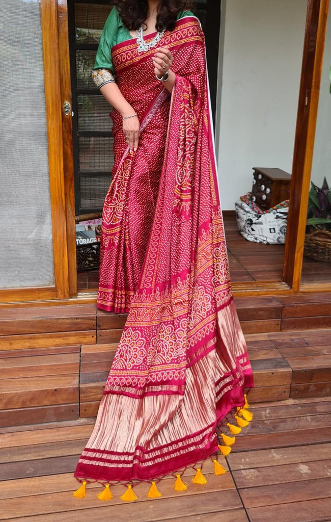Zynah Gajji Silk Bandhani Saree with Zari Pallu; Custom Stitched/Ready-made Blouse, Fall, Petticoat; Shipping available USA, Worldwide