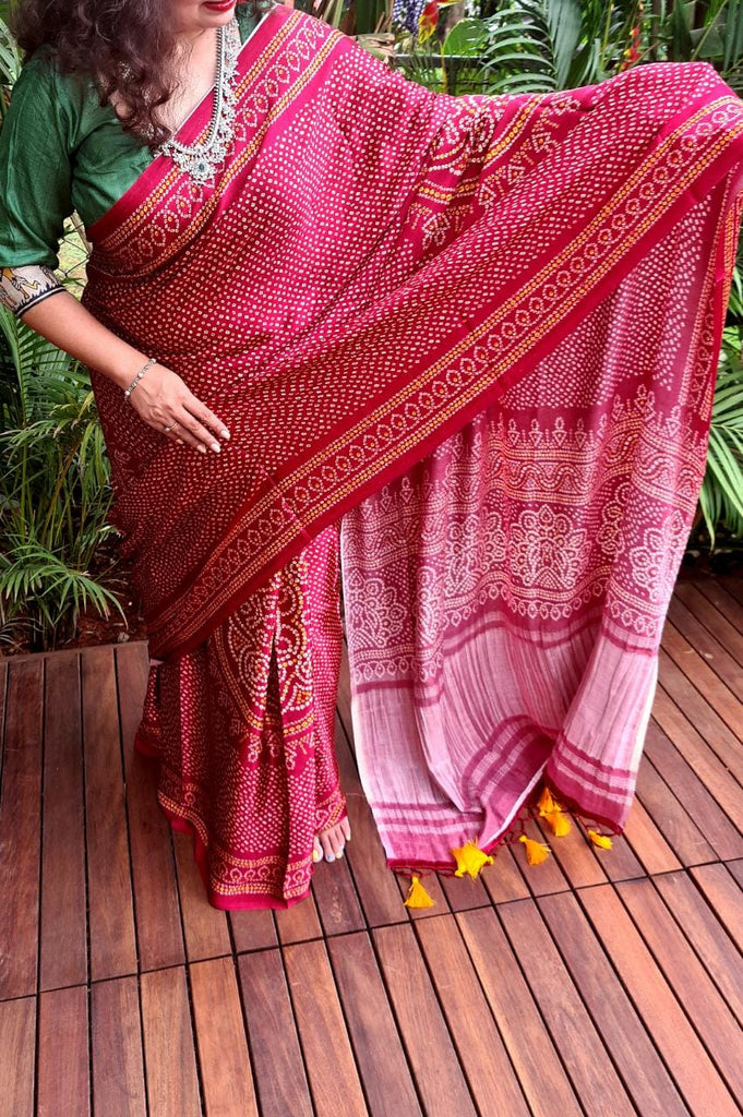 Zynah Gajji Silk Bandhani Saree with Zari Pallu; Custom Stitched/Ready-made Blouse, Fall, Petticoat; Shipping available USA, Worldwide