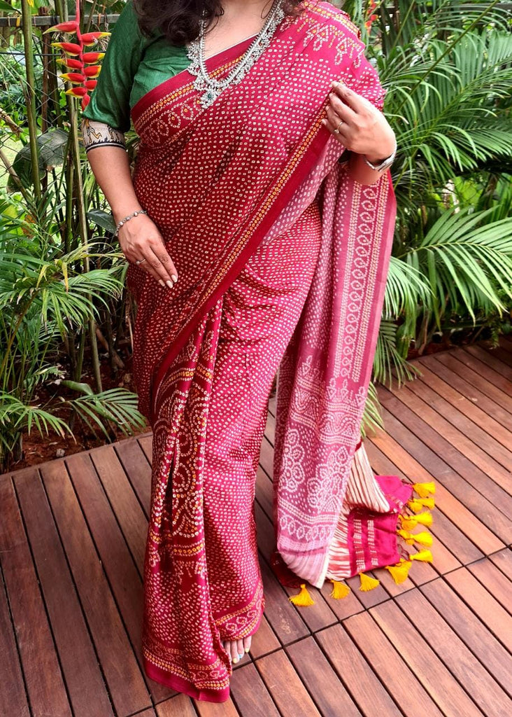 Zynah Gajji Silk Bandhani Saree with Zari Pallu; Custom Stitched/Ready-made Blouse, Fall, Petticoat; Shipping available USA, Worldwide