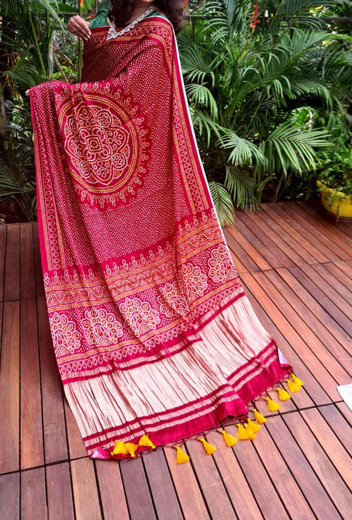 Zynah Gajji Silk Bandhani Saree with Zari Pallu; Custom Stitched/Ready-made Blouse, Fall, Petticoat; Shipping available USA, Worldwide
