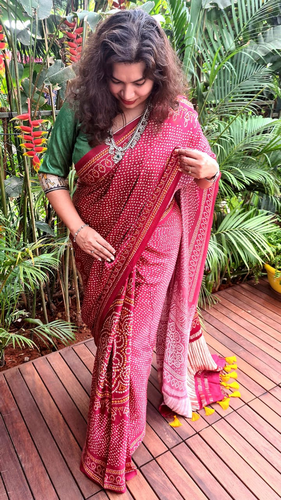 Zynah Gajji Silk Bandhani Saree with Zari Pallu; Custom Stitched/Ready-made Blouse, Fall, Petticoat; Shipping available USA, Worldwide