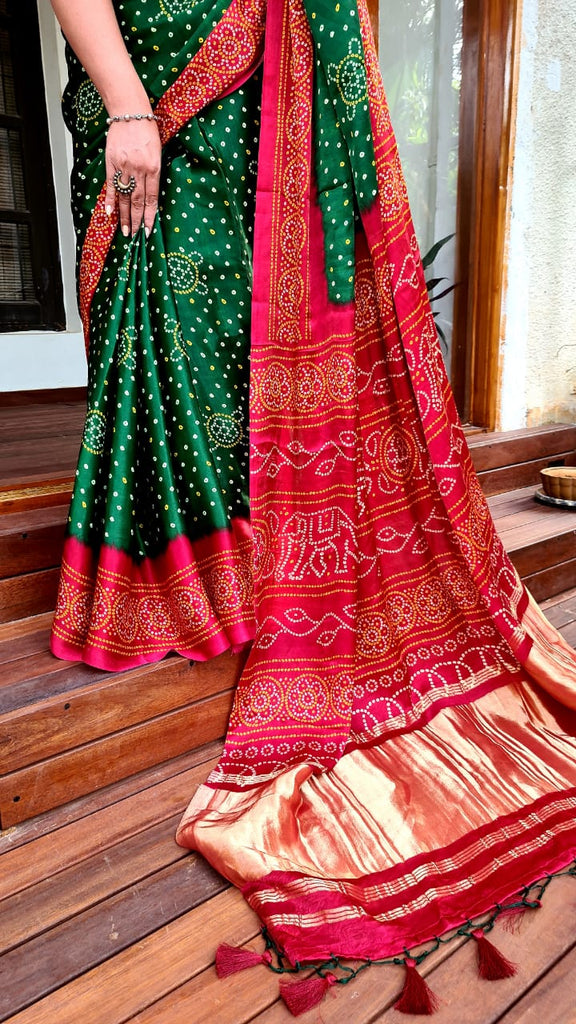 Zynah Gajji Silk Bandhani Saree with Zari Pallu; Custom Stitched/Ready-made Blouse, Fall, Petticoat; Shipping available USA, Worldwide