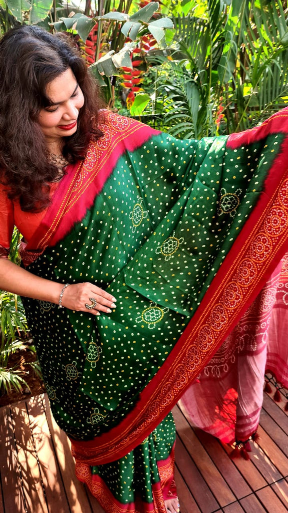 Zynah Gajji Silk Bandhani Saree with Zari Pallu; Custom Stitched/Ready-made Blouse, Fall, Petticoat; Shipping available USA, Worldwide