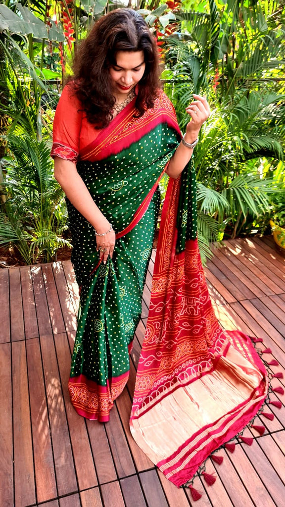 Zynah Gajji Silk Bandhani Saree with Zari Pallu; Custom Stitched/Ready-made Blouse, Fall, Petticoat; Shipping available USA, Worldwide