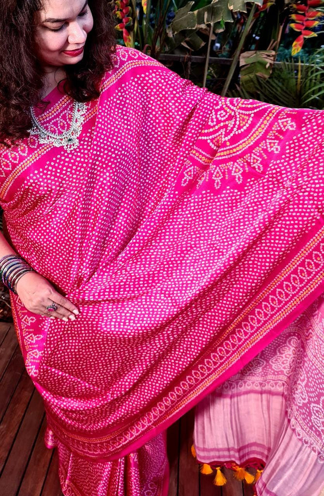 Zynah Gajji Silk Bandhani Saree with Zari Pallu; Custom Stitched/Ready-made Blouse, Fall, Petticoat; Shipping available USA, Worldwide