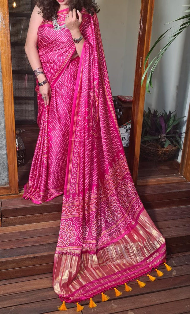 Zynah Gajji Silk Bandhani Saree with Zari Pallu; Custom Stitched/Ready-made Blouse, Fall, Petticoat; Shipping available USA, Worldwide