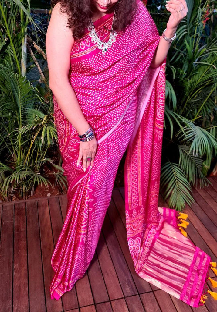 Zynah Gajji Silk Bandhani Saree with Zari Pallu; Custom Stitched/Ready-made Blouse, Fall, Petticoat; Shipping available USA, Worldwide