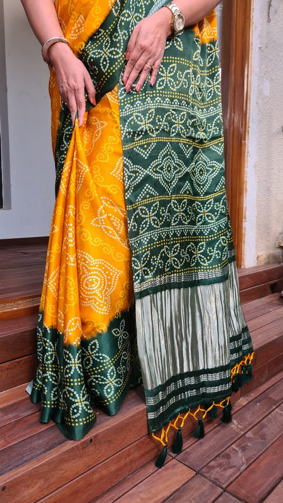 Zynah Gajji Silk Bandhani Saree with Zari Pallu; Custom Stitched/Ready-made Blouse, Fall, Petticoat; Shipping available USA, Worldwide