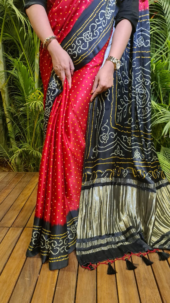 Zynah Gajji Silk Bandhani Saree with Zari Pallu; Custom Stitched/Ready-made Blouse, Fall, Petticoat; Shipping available USA, Worldwide