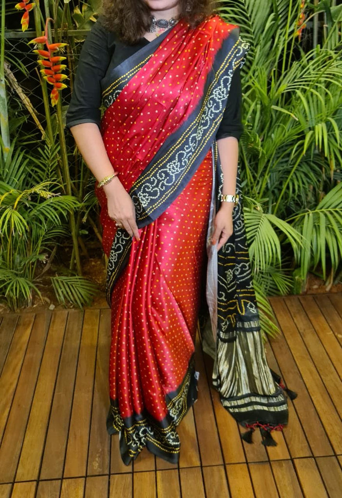 Zynah Gajji Silk Bandhani Saree with Zari Pallu; Custom Stitched/Ready-made Blouse, Fall, Petticoat; Shipping available USA, Worldwide