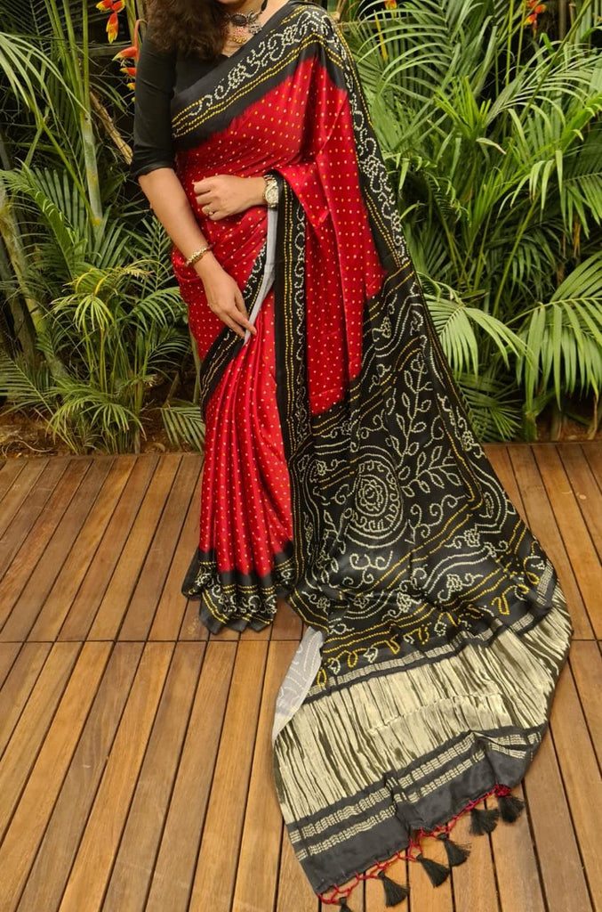 Zynah Gajji Silk Bandhani Saree with Zari Pallu; Custom Stitched/Ready-made Blouse, Fall, Petticoat; Shipping available USA, Worldwide