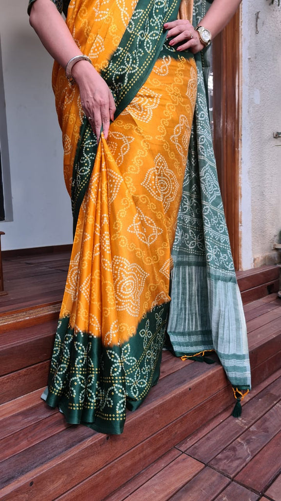 Zynah Gajji Silk Bandhani Saree with Zari Pallu; Custom Stitched/Ready-made Blouse, Fall, Petticoat; Shipping available USA, Worldwide