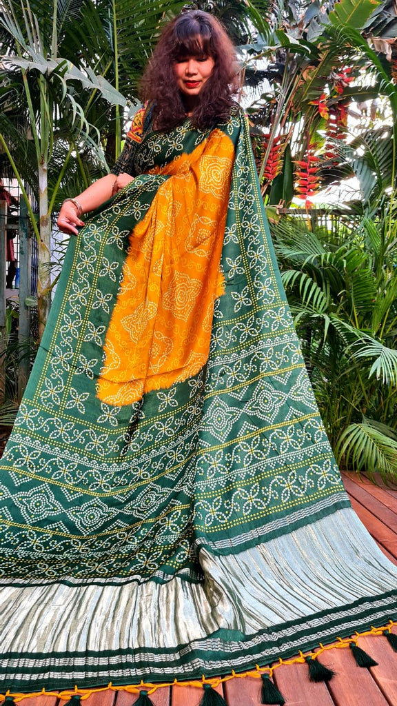 Zynah Gajji Silk Bandhani Saree with Zari Pallu; Custom Stitched/Ready-made Blouse, Fall, Petticoat; Shipping available USA, Worldwide