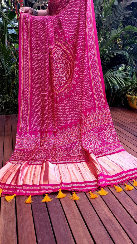 Zynah Gajji Silk Bandhani Saree with Zari Pallu; Custom Stitched/Ready-made Blouse, Fall, Petticoat; Shipping available USA, Worldwide