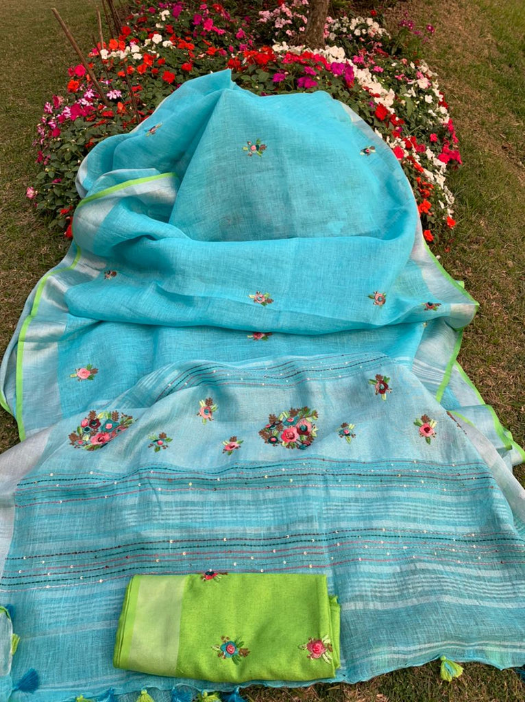 Zynah Pure Linen(120c) Handcrafted Saree with Hand Embroidery; Custom Stitched/Ready-made Blouse, Fall, Petticoat; Shipping available USA, Worldwide