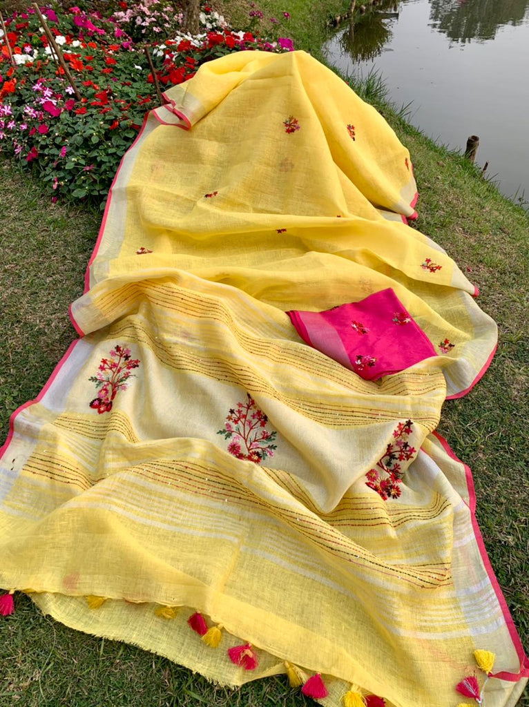Zynah Pure Linen(120c) Handcrafted Saree with Hand Embroidery; Custom Stitched/Ready-made Blouse, Fall, Petticoat; Shipping available USA, Worldwide