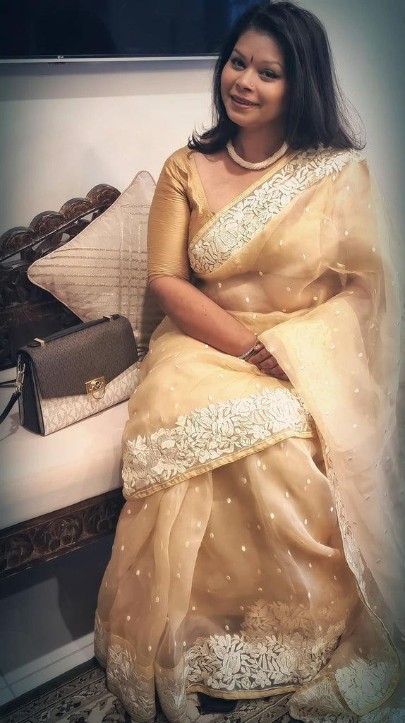 Zynah Pure Organza Handcrafted Saree with Parsi Inspired Embroidery & Cord Piping; Custom Stitched/Ready-made Blouse, Fall, Petticoat; Shipping available USA, Worldwide