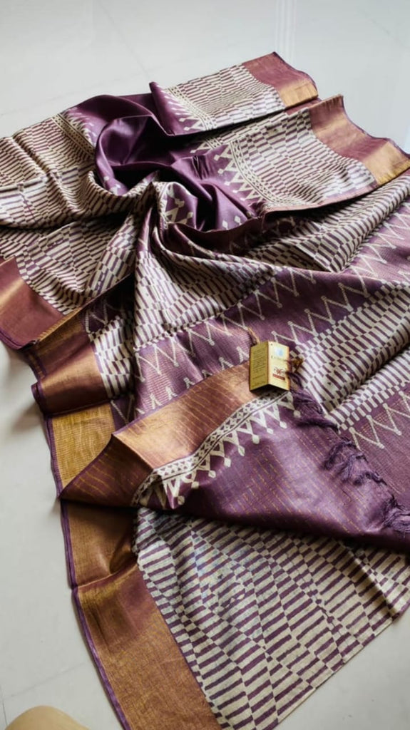 Zynah Pure Tussar Silk Saree with Hand-block Prints; Custom Stitched/Ready-made Blouse, Fall, Petticoat; Shipping available USA, Worldwide