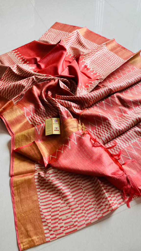 Zynah Pure Tussar Silk Saree with Hand-block Prints; Custom Stitched/Ready-made Blouse, Fall, Petticoat; Shipping available USA, Worldwide