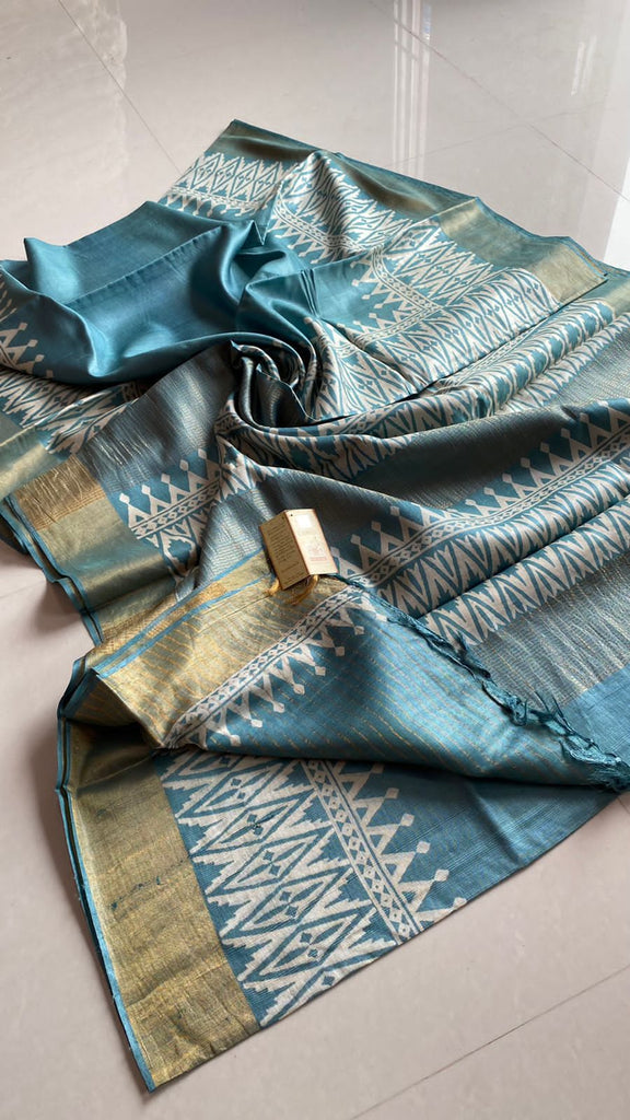 Zynah Pure Tussar Silk Saree with Hand-block Prints; Custom Stitched/Ready-made Blouse, Fall, Petticoat; Shipping available USA, Worldwide