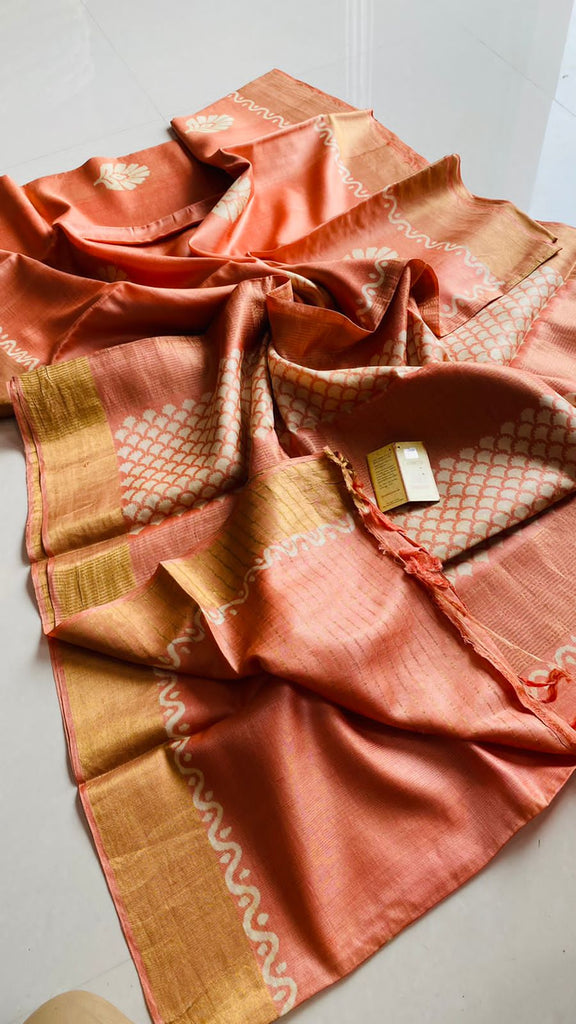 Zynah Pure Tussar Silk Saree with Hand-block Prints; Custom Stitched/Ready-made Blouse, Fall, Petticoat; Shipping available USA, Worldwide