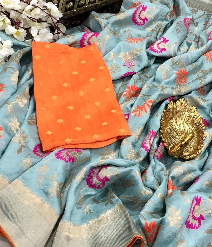 Zynah Banarasi Munga Pure Crepe Silk Saree with Meenakari Weave & Contrast Blouse-piece; Custom Stitched/Ready-made Blouse, Fall, Petticoat; Shipping available USA, Worldwide