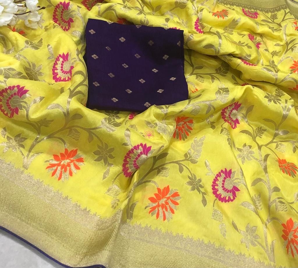 Zynah Banarasi Munga Pure Crepe Silk Saree with Meenakari Weave & Contrast Blouse-piece; Custom Stitched/Ready-made Blouse, Fall, Petticoat; Shipping available USA, Worldwide