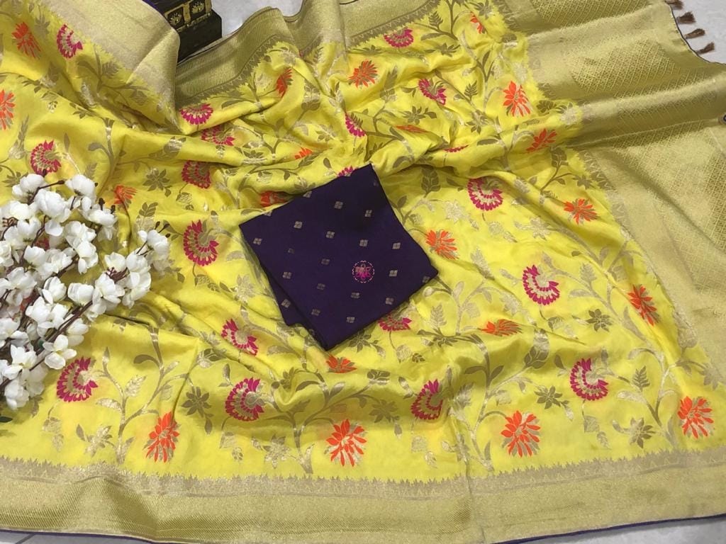 Zynah Banarasi Munga Pure Crepe Silk Saree with Meenakari Weave & Contrast Blouse-piece; Custom Stitched/Ready-made Blouse, Fall, Petticoat; Shipping available USA, Worldwide