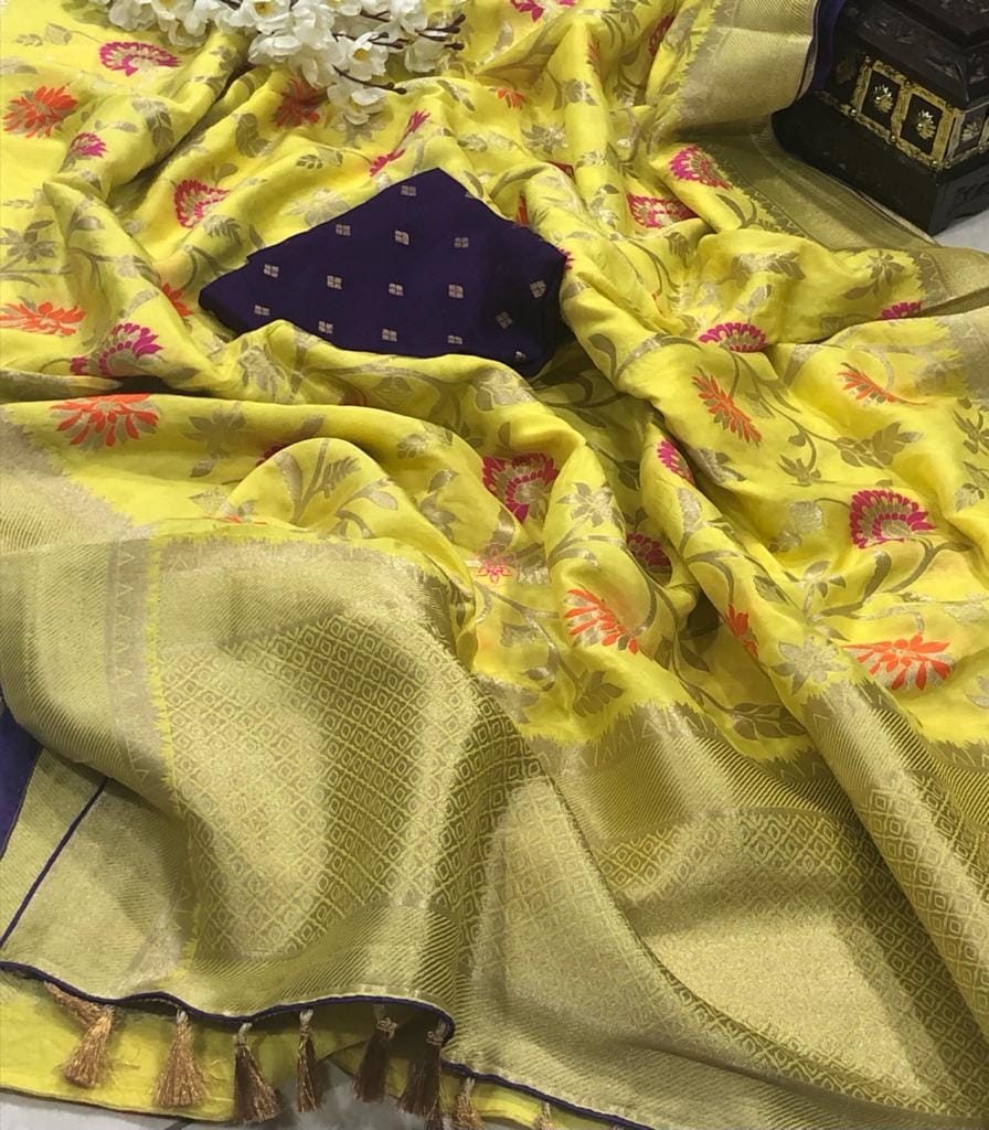 Zynah Banarasi Munga Pure Crepe Silk Saree with Meenakari Weave & Contrast Blouse-piece; Custom Stitched/Ready-made Blouse, Fall, Petticoat; Shipping available USA, Worldwide