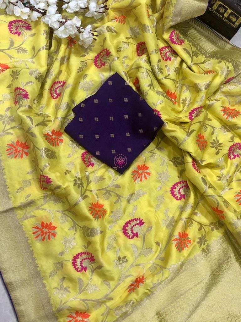 Zynah Banarasi Munga Pure Crepe Silk Saree with Meenakari Weave & Contrast Blouse-piece; Custom Stitched/Ready-made Blouse, Fall, Petticoat; Shipping available USA, Worldwide