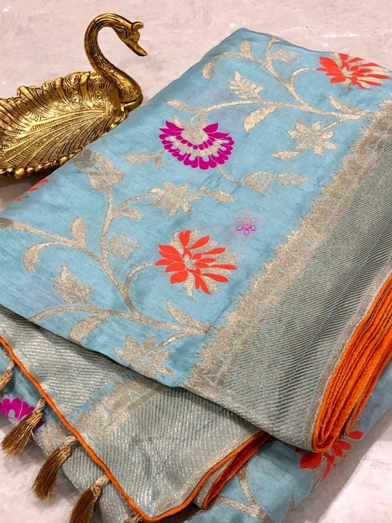 Zynah Banarasi Munga Pure Crepe Silk Saree with Meenakari Weave & Contrast Blouse-piece; Custom Stitched/Ready-made Blouse, Fall, Petticoat; Shipping available USA, Worldwide