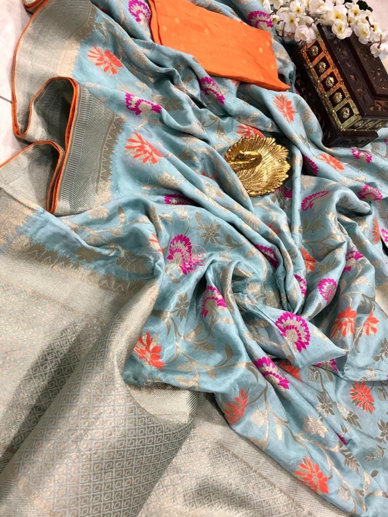 Zynah Banarasi Munga Pure Crepe Silk Saree with Meenakari Weave & Contrast Blouse-piece; Custom Stitched/Ready-made Blouse, Fall, Petticoat; Shipping available USA, Worldwide