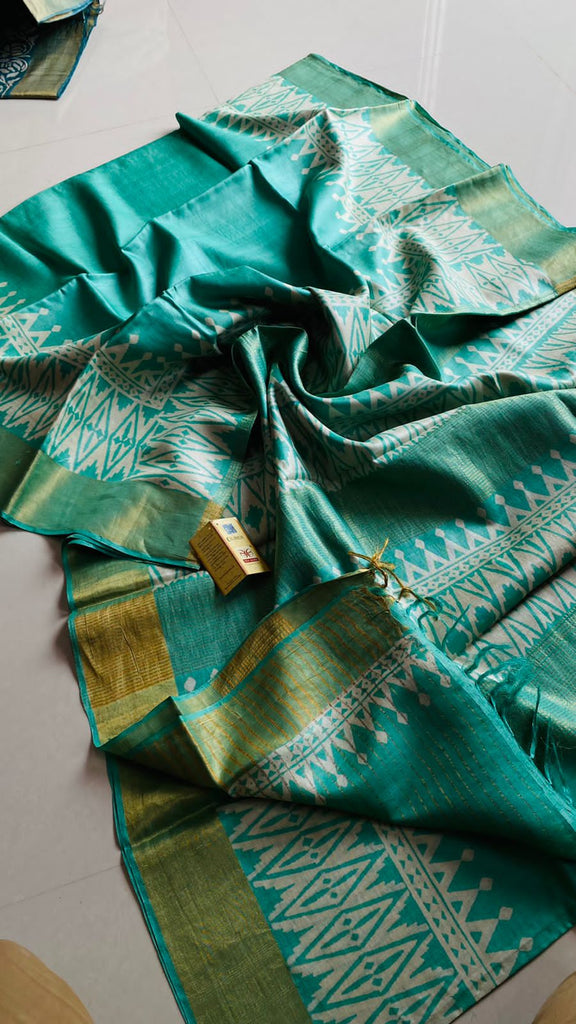 Zynah Pure Tussar Silk Saree with Hand-block Prints; Custom Stitched/Ready-made Blouse, Fall, Petticoat; Shipping available USA, Worldwide