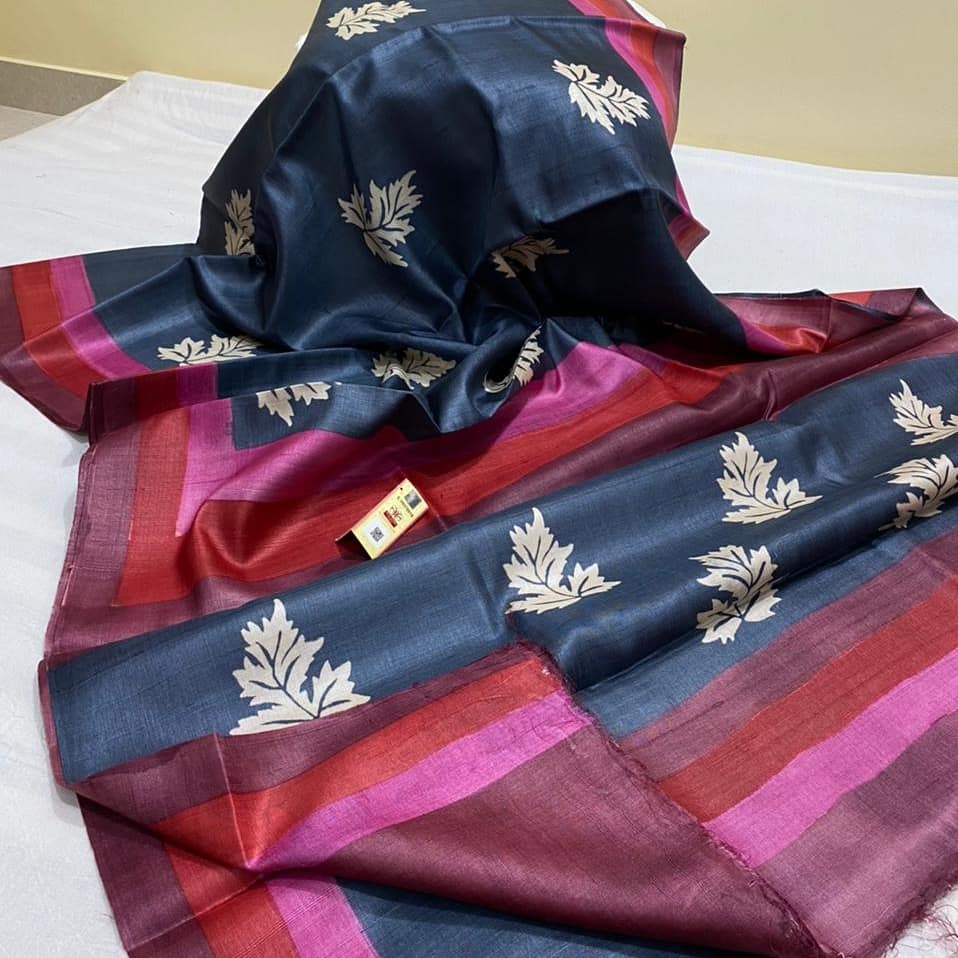 Zynah Pure Tussar Silk Saree with Hand-block Prints; Custom Stitched/Ready-made Blouse, Fall, Petticoat; Shipping available USA, Worldwide