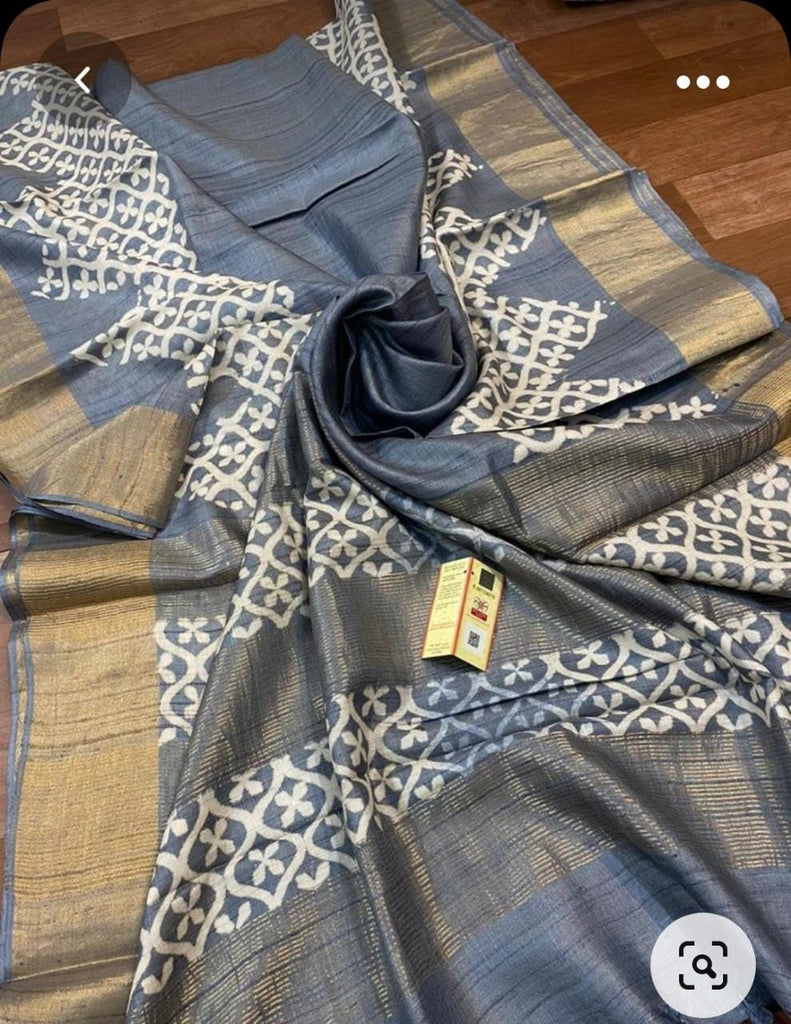 Zynah Pure Tussar Silk Saree with Hand-block Prints; Custom Stitched/Ready-made Blouse, Fall, Petticoat; Shipping available USA, Worldwide