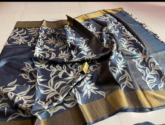 Zynah Pure Tussar Silk Hand-painted Saree; Custom Stitched/Ready-made Blouse, Fall, Petticoat; Shipping available USA, Worldwide