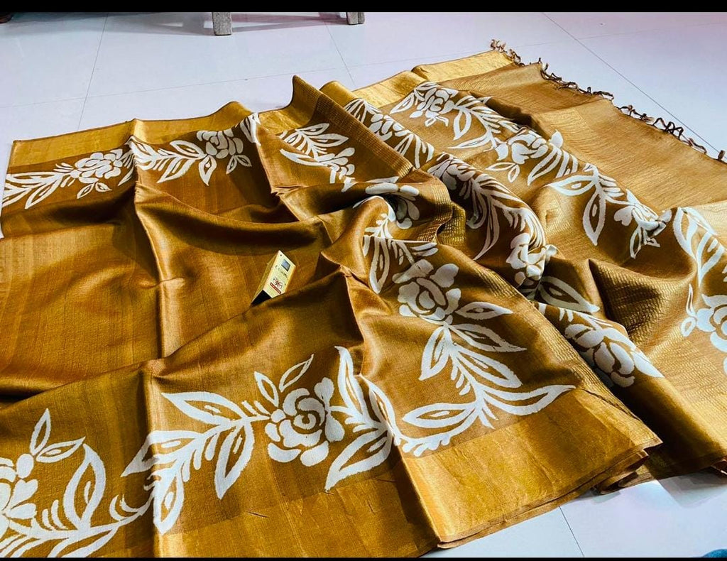 Zynah Pure Tussar Silk Hand-painted Saree; Custom Stitched/Ready-made Blouse, Fall, Petticoat; Shipping available USA, Worldwide
