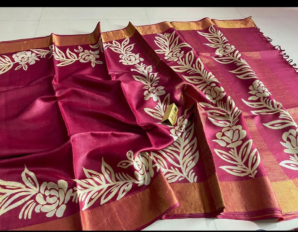 Zynah Pure Tussar Silk Hand-painted Saree; Custom Stitched/Ready-made Blouse, Fall, Petticoat; Shipping available USA, Worldwide