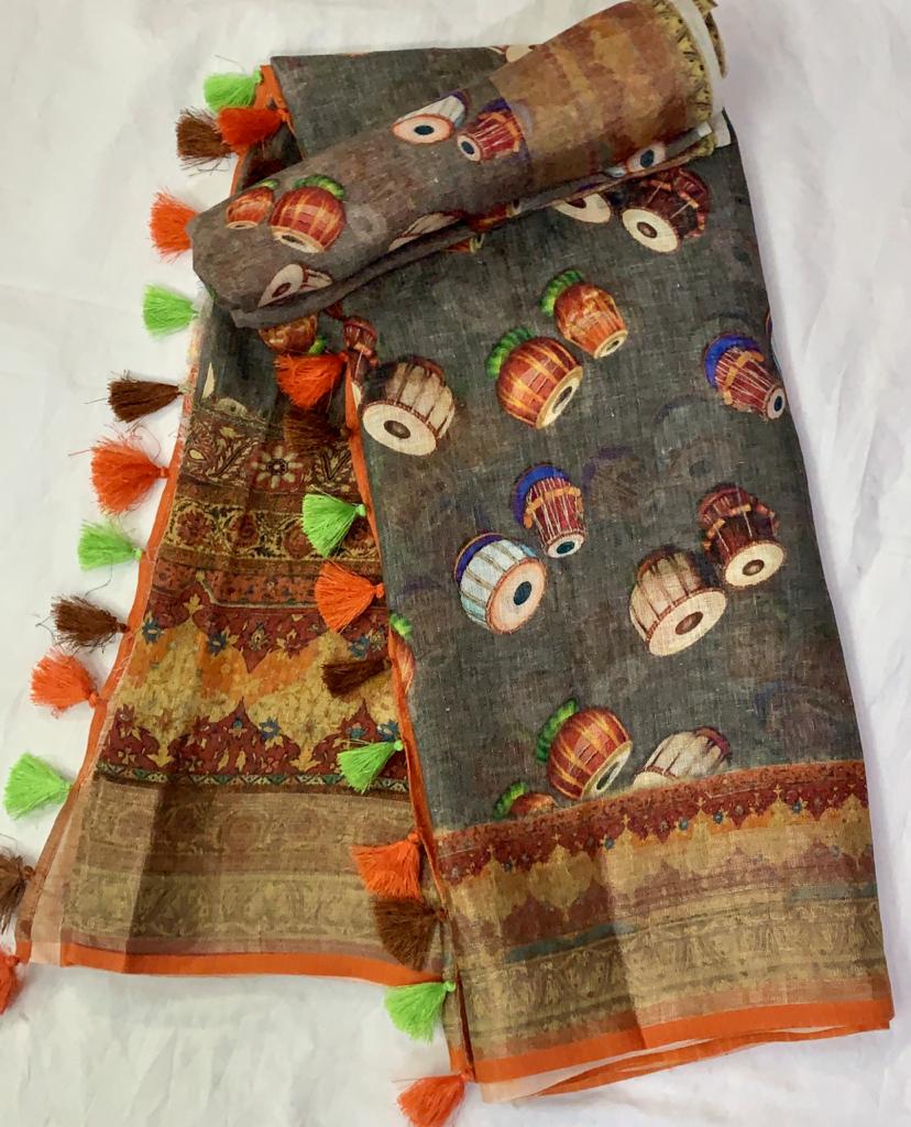 Zynah Organic Pure Linen by Linen(120c) Saree with Digital Kalamkari Prints; Custom Stitched/Ready-made Blouse, Fall, Petticoat; Shipping available USA, Worldwide